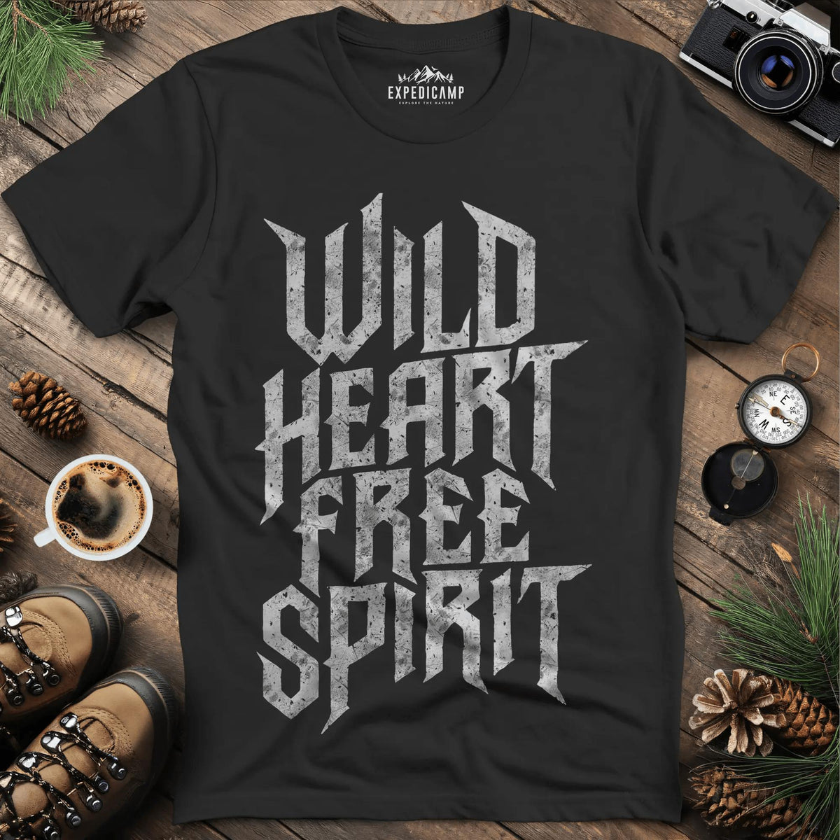 Wild Heart Free Spirit T-Shirt – Black – Outdoor apparel for travel, hiking, camping, and nature lovers – ExpediCamp