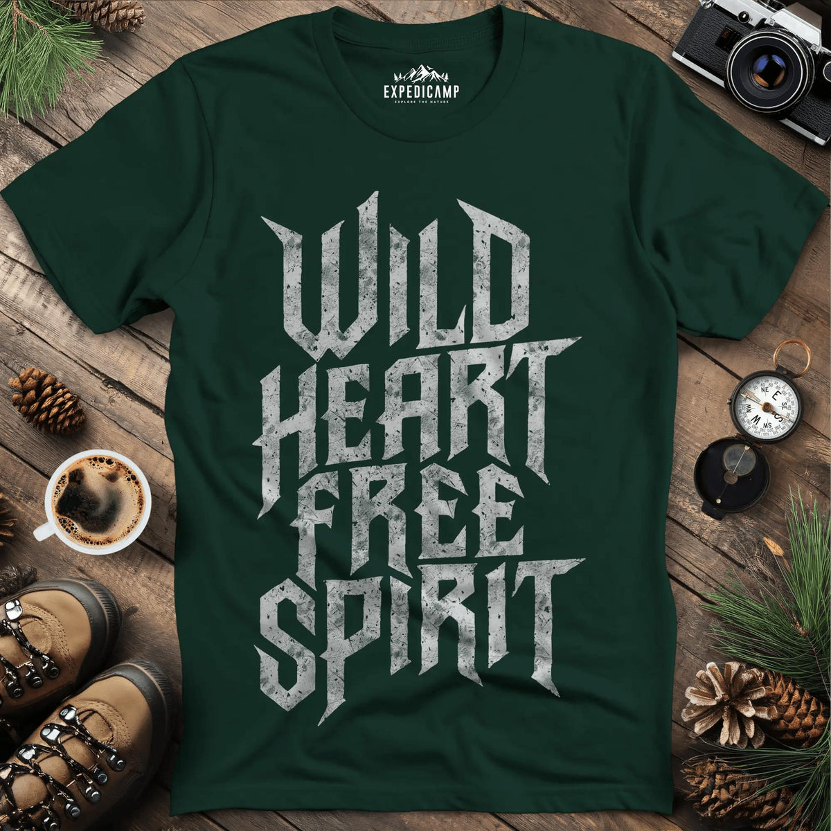 Wild Heart Free Spirit T-Shirt – Forest Green – Outdoor apparel for travel, hiking, camping, and nature lovers – ExpediCamp
