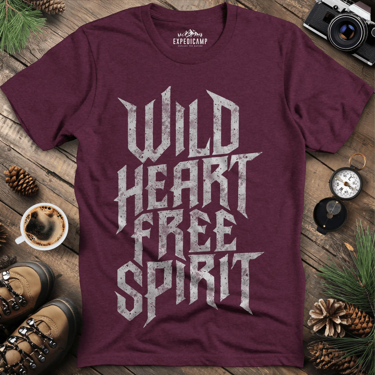 Wild Heart Free Spirit T-Shirt – Heather Maroon – Outdoor apparel for travel, hiking, camping, and nature lovers – ExpediCamp