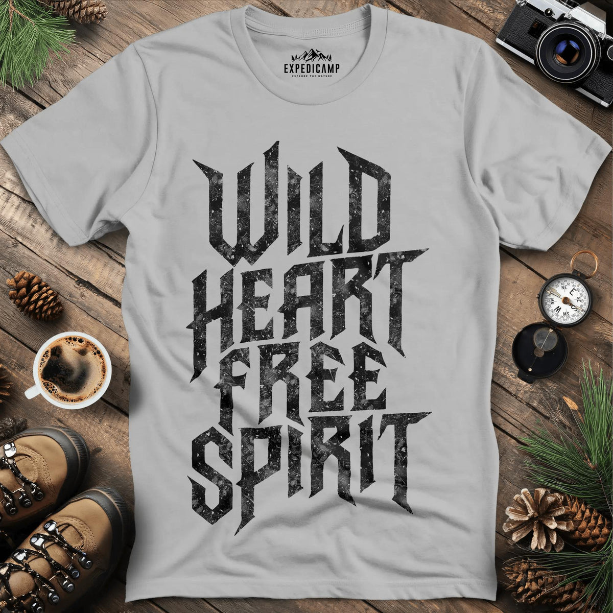 Wild Heart Free Spirit T-Shirt – Ice Grey – Outdoor apparel for travel, hiking, camping, and nature lovers – ExpediCamp