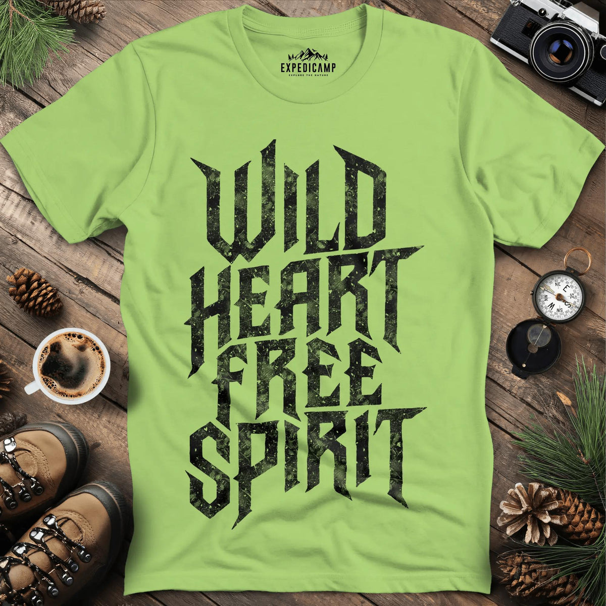 Wild Heart Free Spirit T-Shirt – Kiwi – Outdoor apparel for travel, hiking, camping, and nature lovers – ExpediCamp