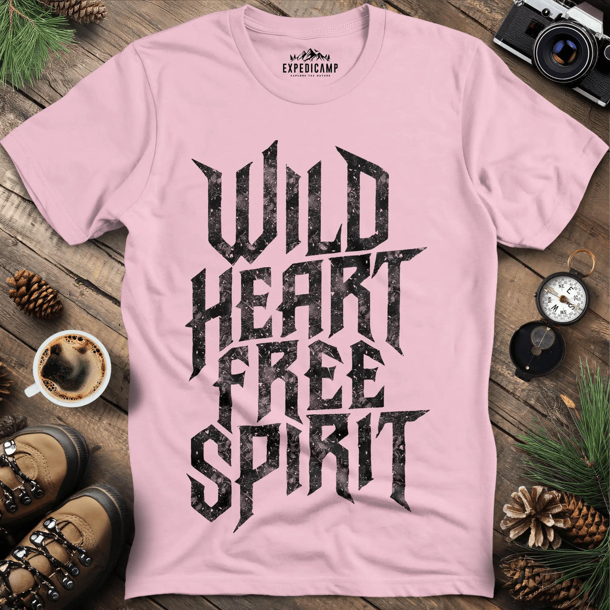 Wild Heart Free Spirit T-Shirt – Light Pink – Outdoor apparel for travel, hiking, camping, and nature lovers – ExpediCamp