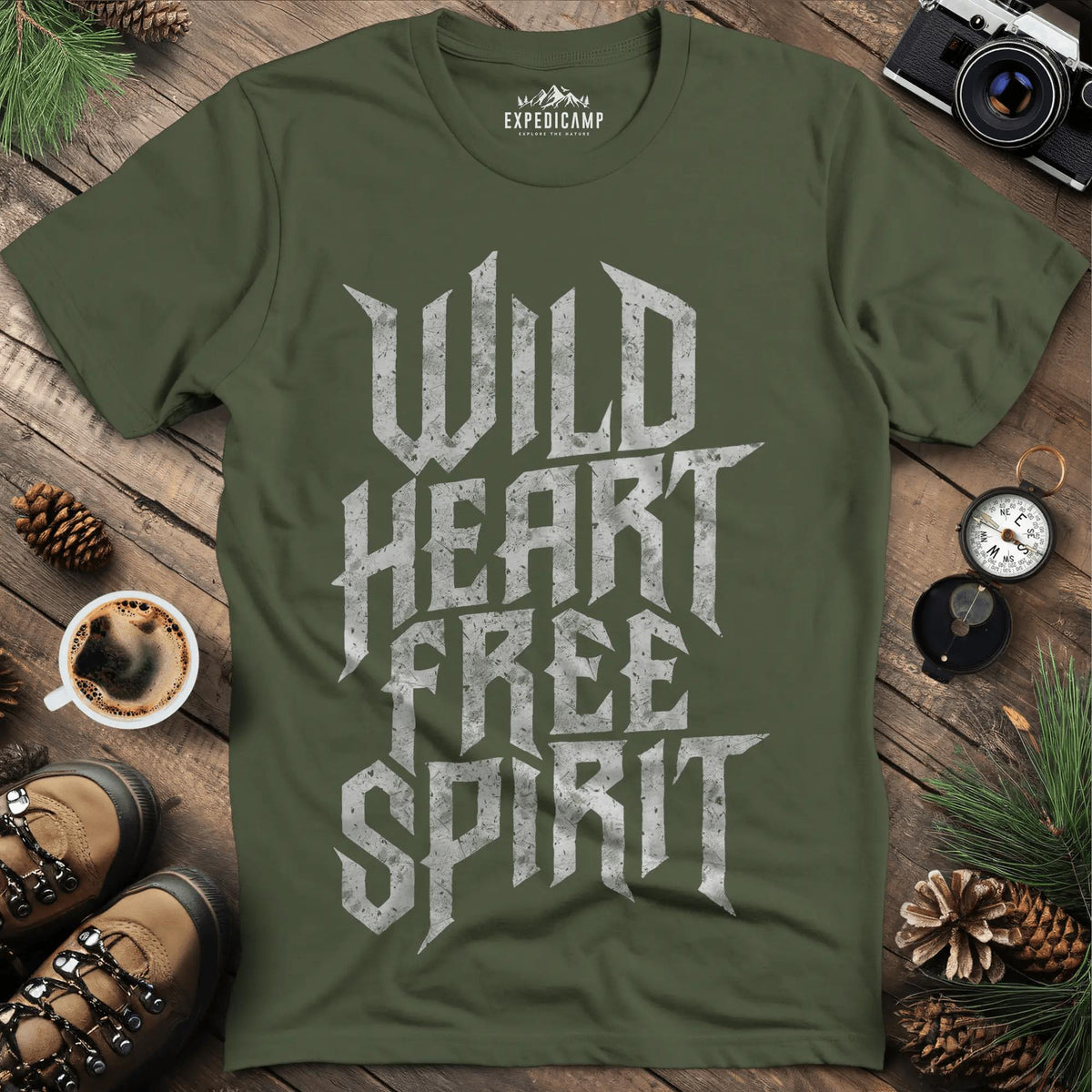 Wild Heart Free Spirit T-Shirt – Military Green – Outdoor apparel for travel, hiking, camping, and nature lovers – ExpediCamp
