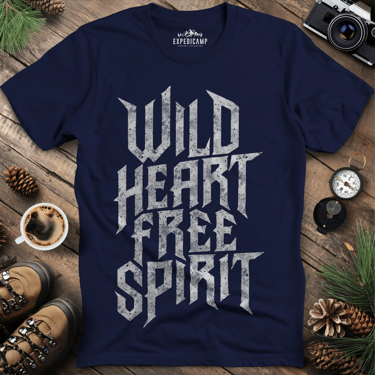 Wild Heart Free Spirit T-Shirt – Navy – Outdoor apparel for travel, hiking, camping, and nature lovers – ExpediCamp