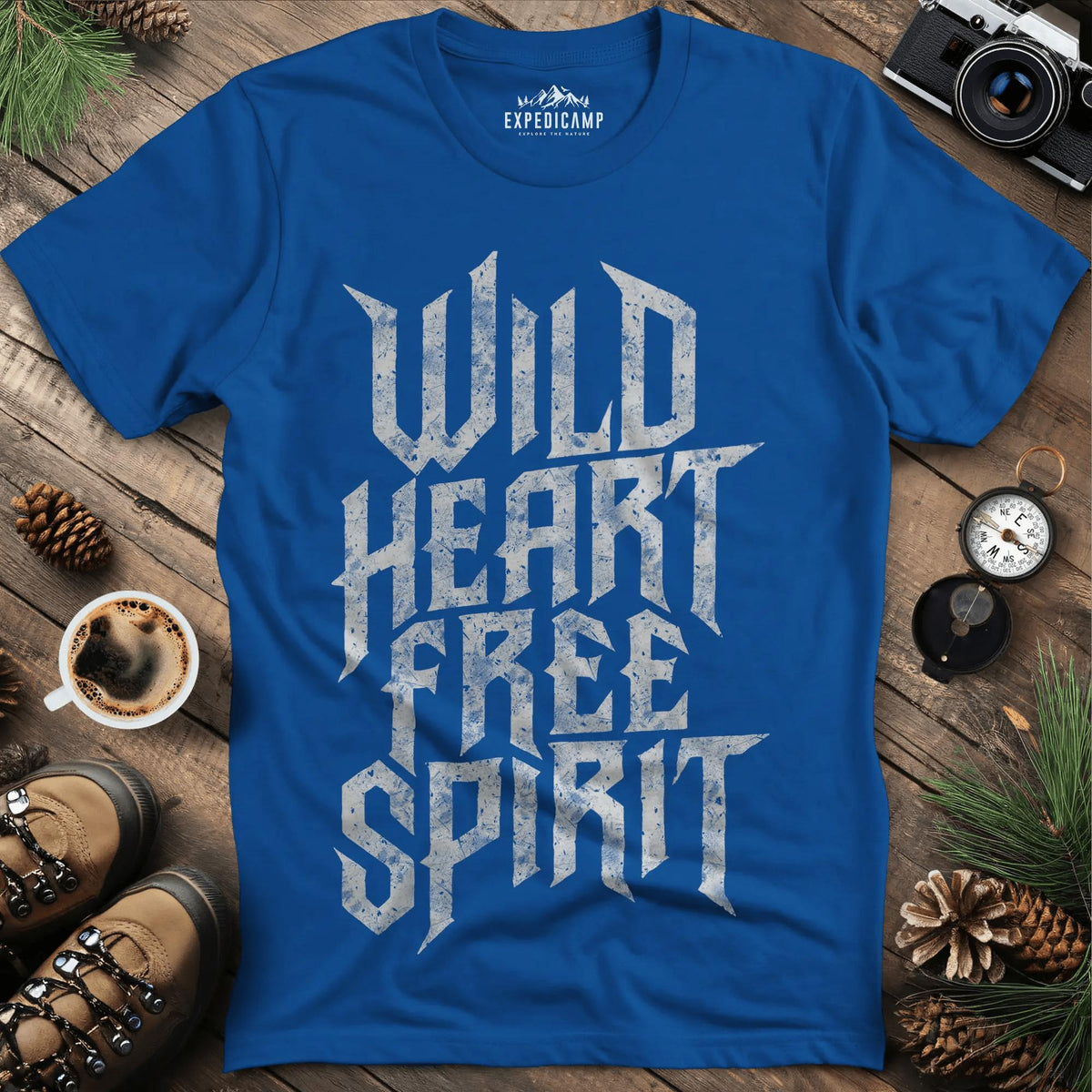 Wild Heart Free Spirit T-Shirt – Royal – Outdoor apparel for travel, hiking, camping, and nature lovers – ExpediCamp