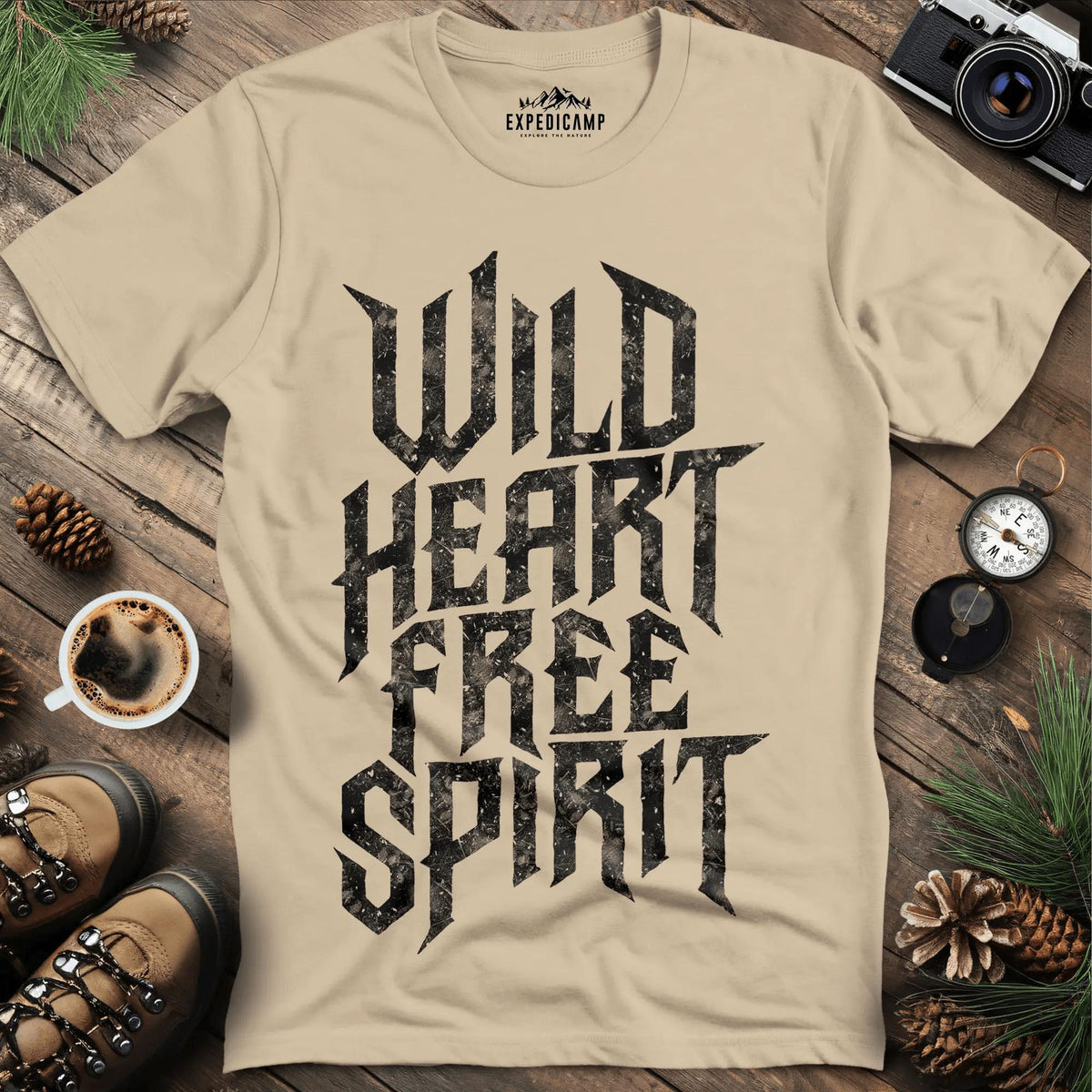 Wild Heart Free Spirit T-Shirt – Sand – Outdoor apparel for travel, hiking, camping, and nature lovers – ExpediCamp
