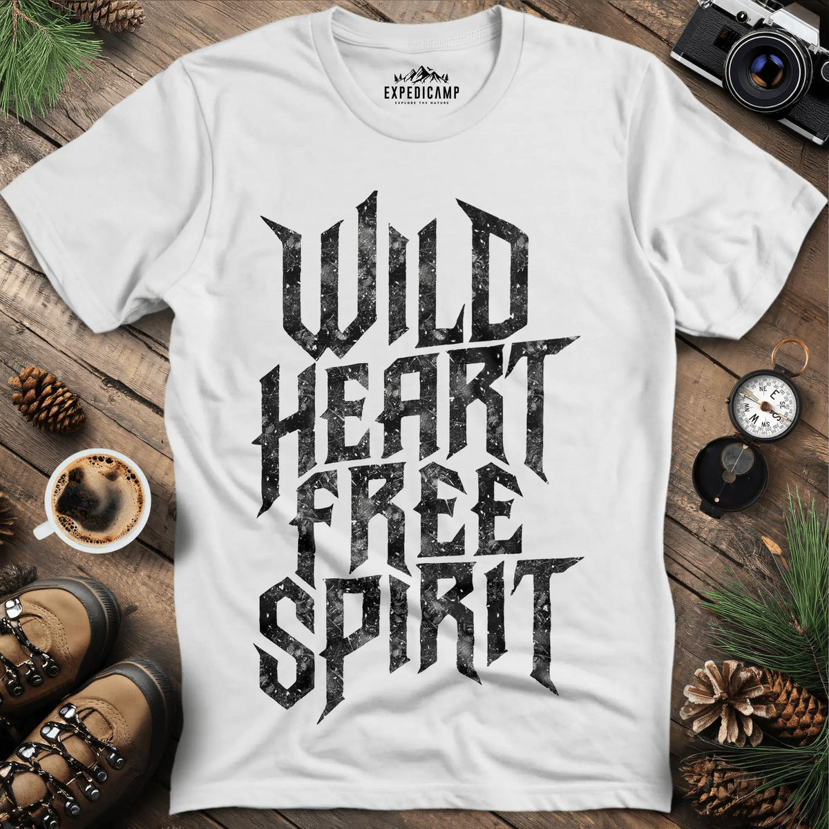 Wild Heart Free Spirit T-Shirt – White – Outdoor apparel for travel, hiking, camping, and nature lovers – ExpediCamp