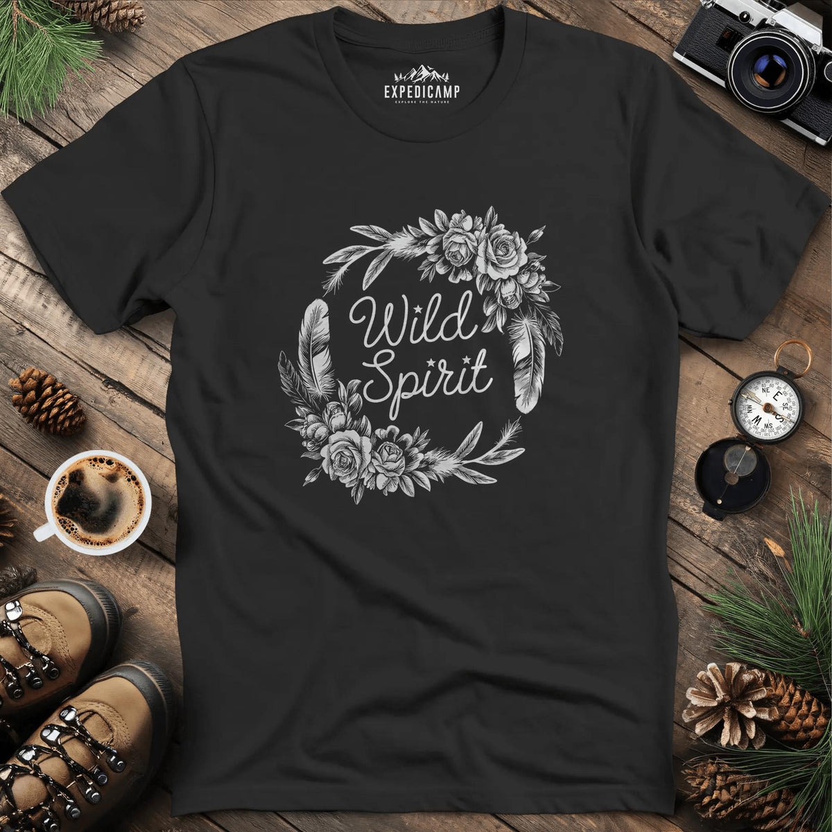 Wild Spirit Floral T-Shirt – Black – Outdoor apparel for travel, hiking, camping, and nature lovers – ExpediCamp