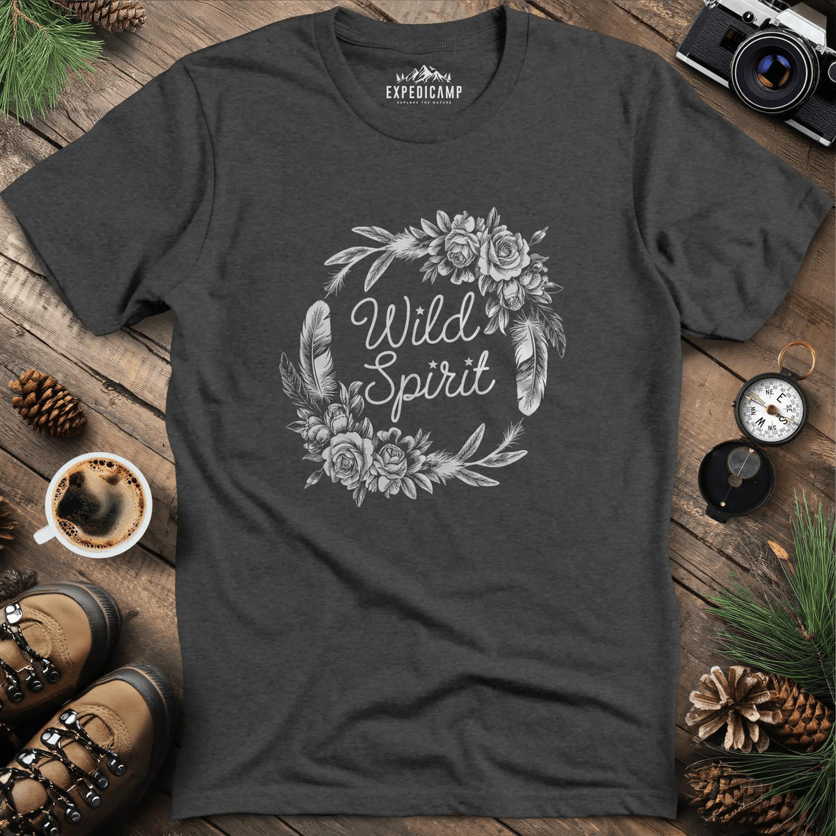 Wild Spirit Floral T-Shirt – Dark Heather – Outdoor apparel for travel, hiking, camping, and nature lovers – ExpediCamp