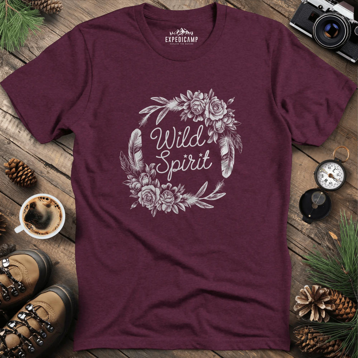 Wild Spirit Floral T-Shirt – Heather Maroon – Outdoor apparel for travel, hiking, camping, and nature lovers – ExpediCamp