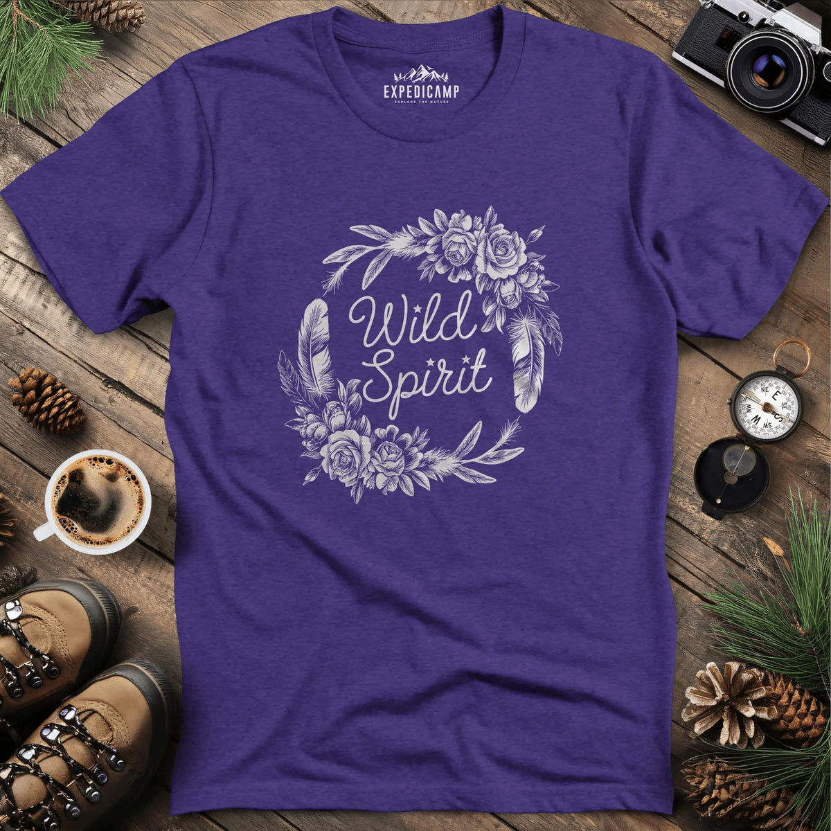 Wild Spirit Floral T-Shirt – Heather Purple – Outdoor apparel for travel, hiking, camping, and nature lovers – ExpediCamp