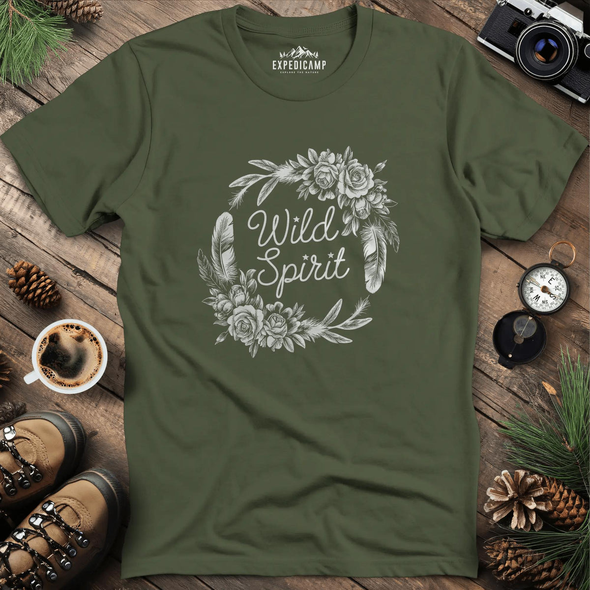 Wild Spirit Floral T-Shirt – Military Green – Outdoor apparel for travel, hiking, camping, and nature lovers – ExpediCamp