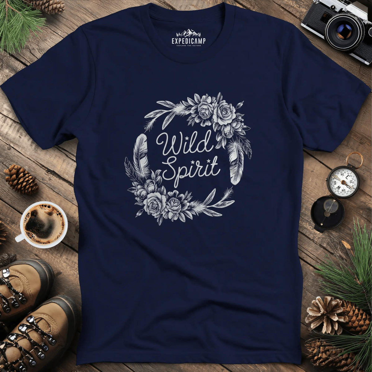 Wild Spirit Floral T-Shirt – Navy – Outdoor apparel for travel, hiking, camping, and nature lovers – ExpediCamp