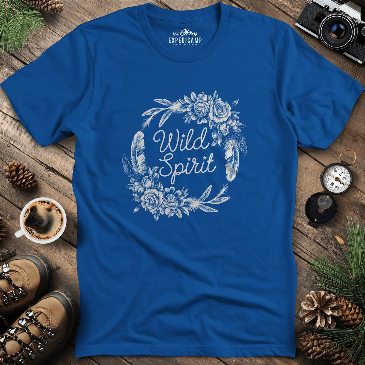 Wild Spirit Floral T-Shirt – Royal – Outdoor apparel for travel, hiking, camping, and nature lovers – ExpediCamp