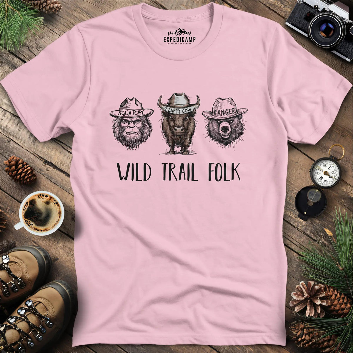 Wild Trail Folk T-Shirt – Light Pink – Outdoor apparel for travel, hiking, camping, and nature lovers – ExpediCamp