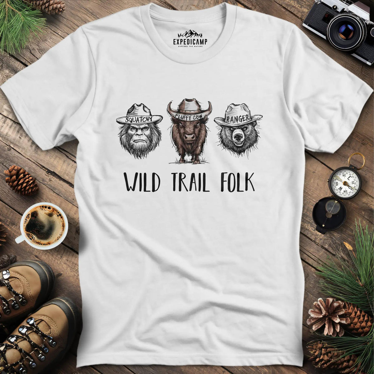 Wild Trail Folk T-Shirt – White – Outdoor apparel for travel, hiking, camping, and nature lovers – ExpediCamp