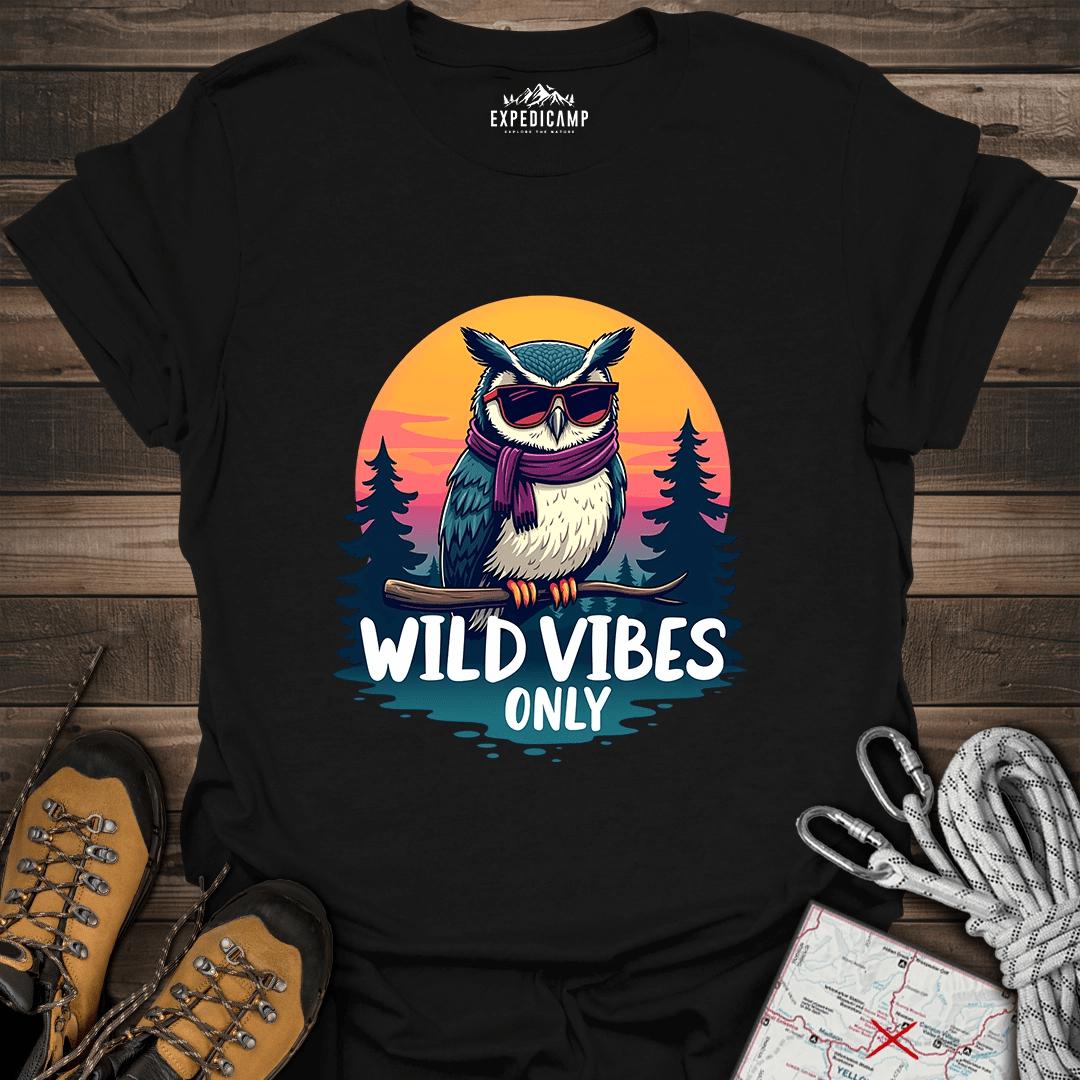 Wild Vibes Only Owl T-Shirt – Fun Adventure & Camping – Black – Outdoor apparel for travel, hiking, camping, and nature lovers – ExpediCamp