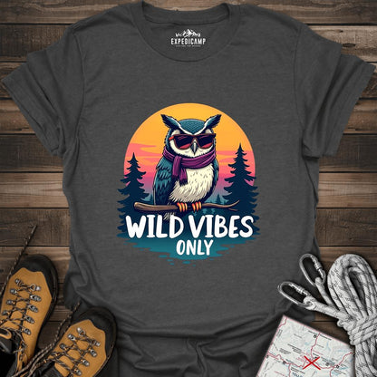 Wild Vibes Only Owl T-Shirt – Fun Adventure & Camping – Dark Heather – Outdoor apparel for travel, hiking, camping, and nature lovers – ExpediCamp