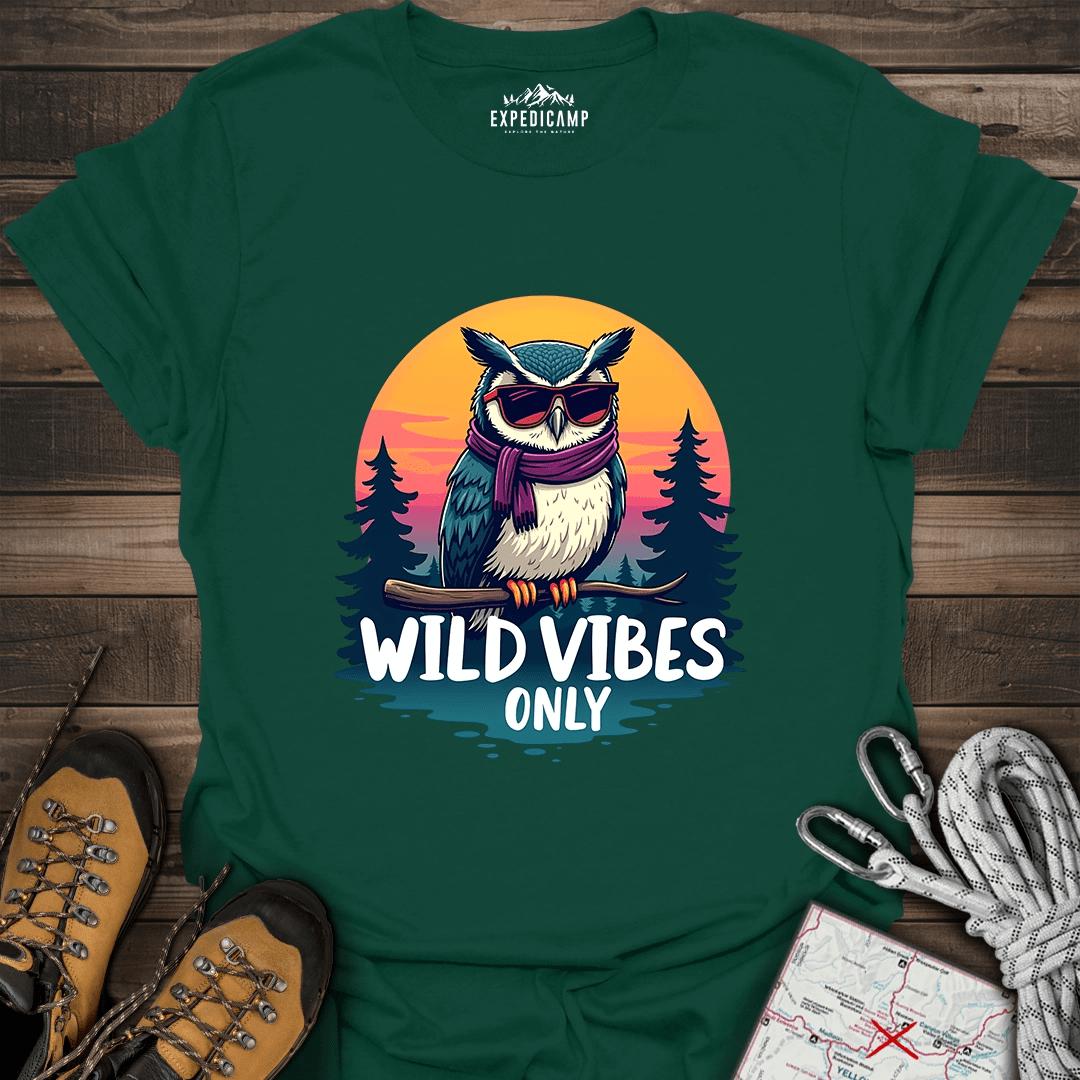 Wild Vibes Only Owl T-Shirt – Fun Adventure & Camping – Forest Green – Outdoor apparel for travel, hiking, camping, and nature lovers – ExpediCamp