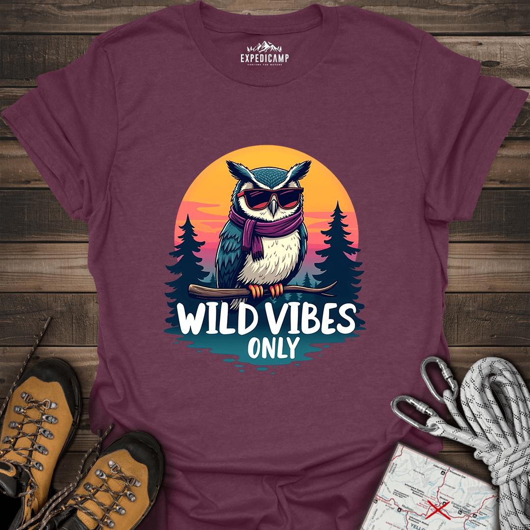 Wild Vibes Only Owl T-Shirt – Fun Adventure & Camping – Heather Maroon – Outdoor apparel for travel, hiking, camping, and nature lovers – ExpediCamp