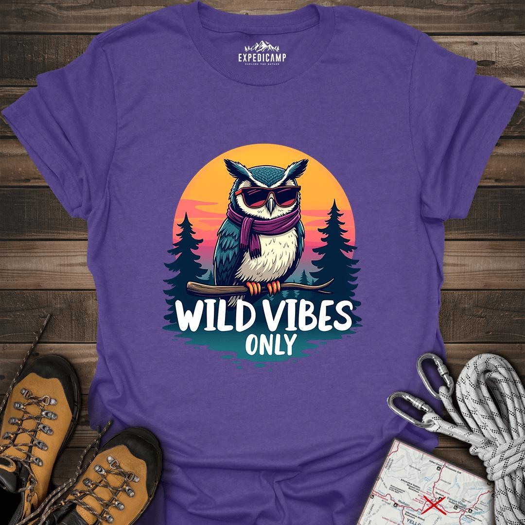 Wild Vibes Only Owl T-Shirt – Fun Adventure & Camping – Heather Purple – Outdoor apparel for travel, hiking, camping, and nature lovers – ExpediCamp