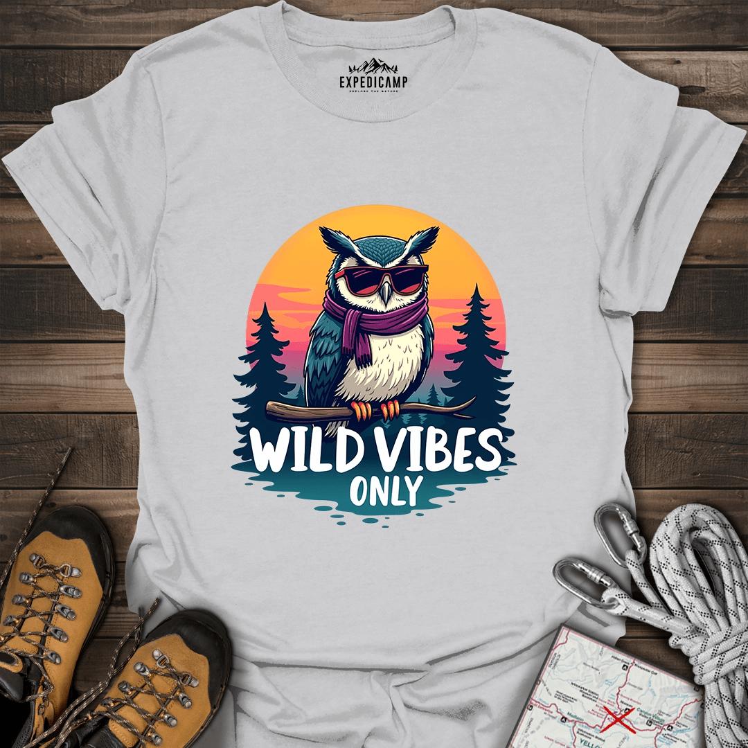 Wild Vibes Only Owl T-Shirt – Fun Adventure & Camping – Ice Grey – Outdoor apparel for travel, hiking, camping, and nature lovers – ExpediCamp