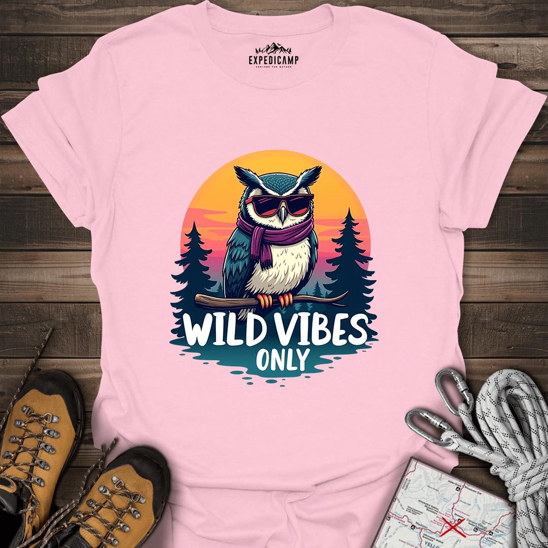 Wild Vibes Only Owl T-Shirt – Fun Adventure & Camping – Light Pink – Outdoor apparel for travel, hiking, camping, and nature lovers – ExpediCamp