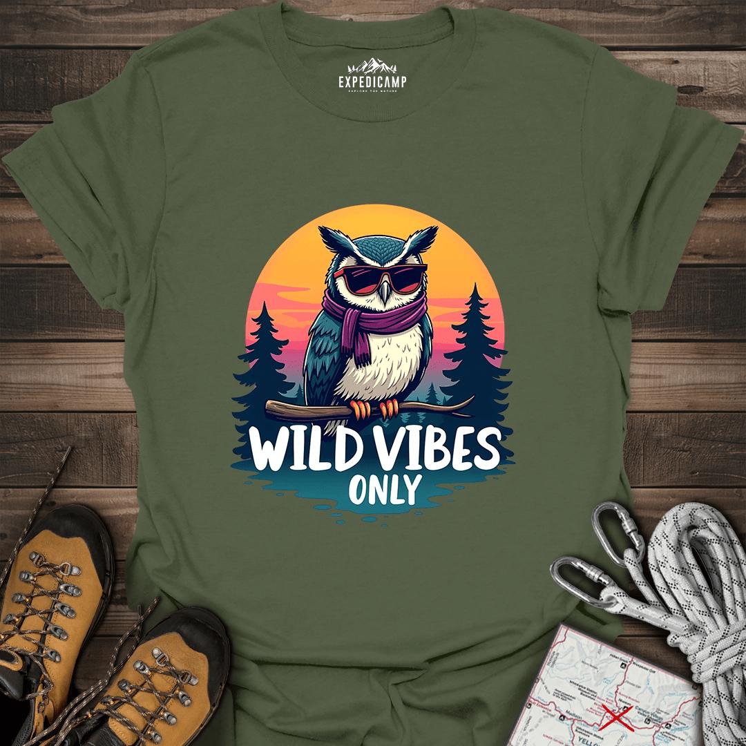 Wild Vibes Only Owl T-Shirt – Fun Adventure & Camping – Military Green – Outdoor apparel for travel, hiking, camping, and nature lovers – ExpediCamp