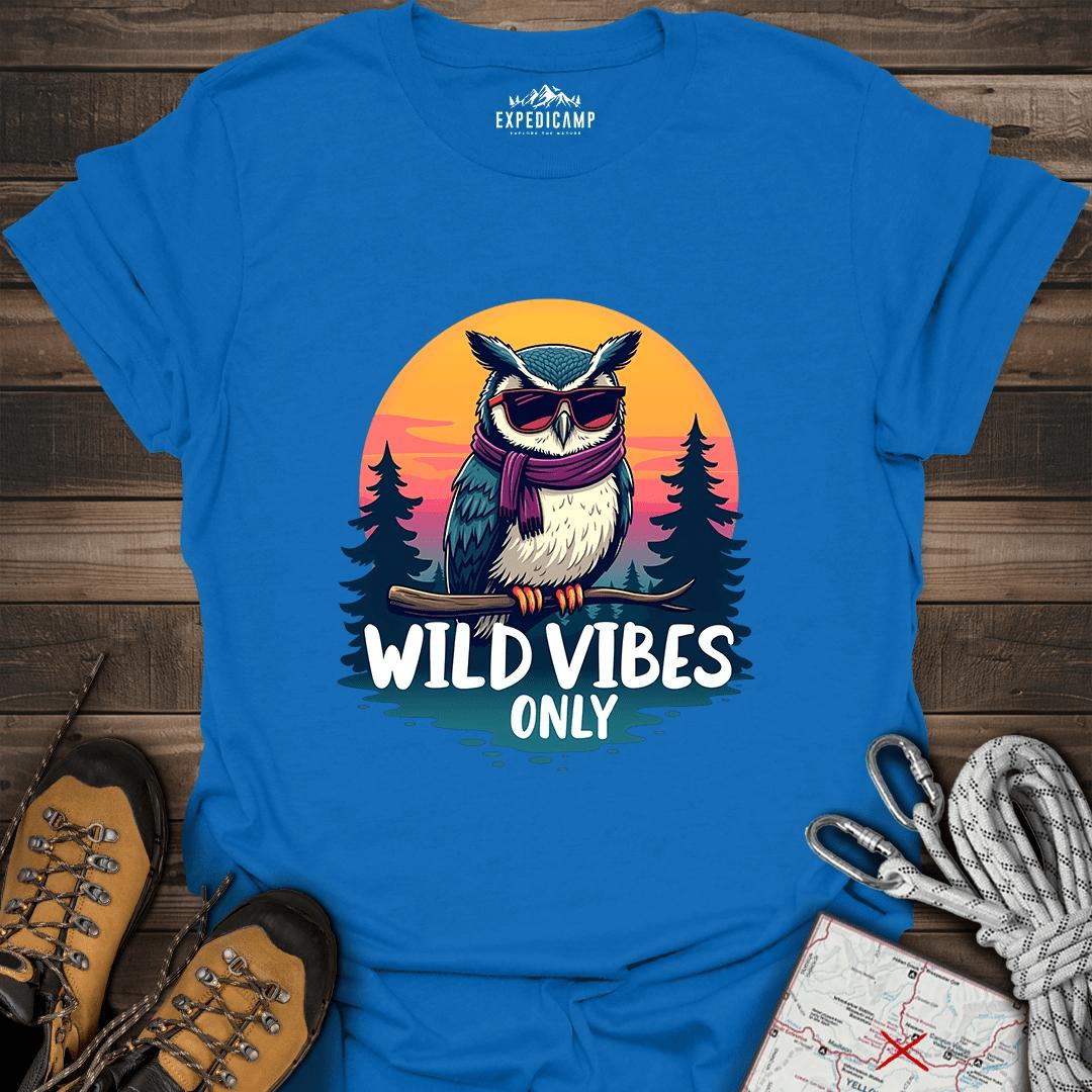 Wild Vibes Only Owl T-Shirt – Fun Adventure & Camping – Royal – Outdoor apparel for travel, hiking, camping, and nature lovers – ExpediCamp