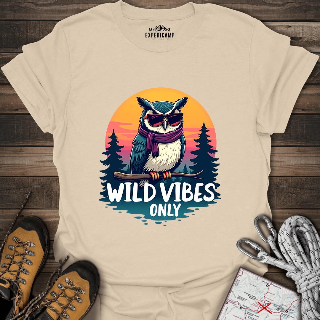 Wild Vibes Only Owl T-Shirt – Fun Adventure & Camping – Sand – Outdoor apparel for travel, hiking, camping, and nature lovers – ExpediCamp