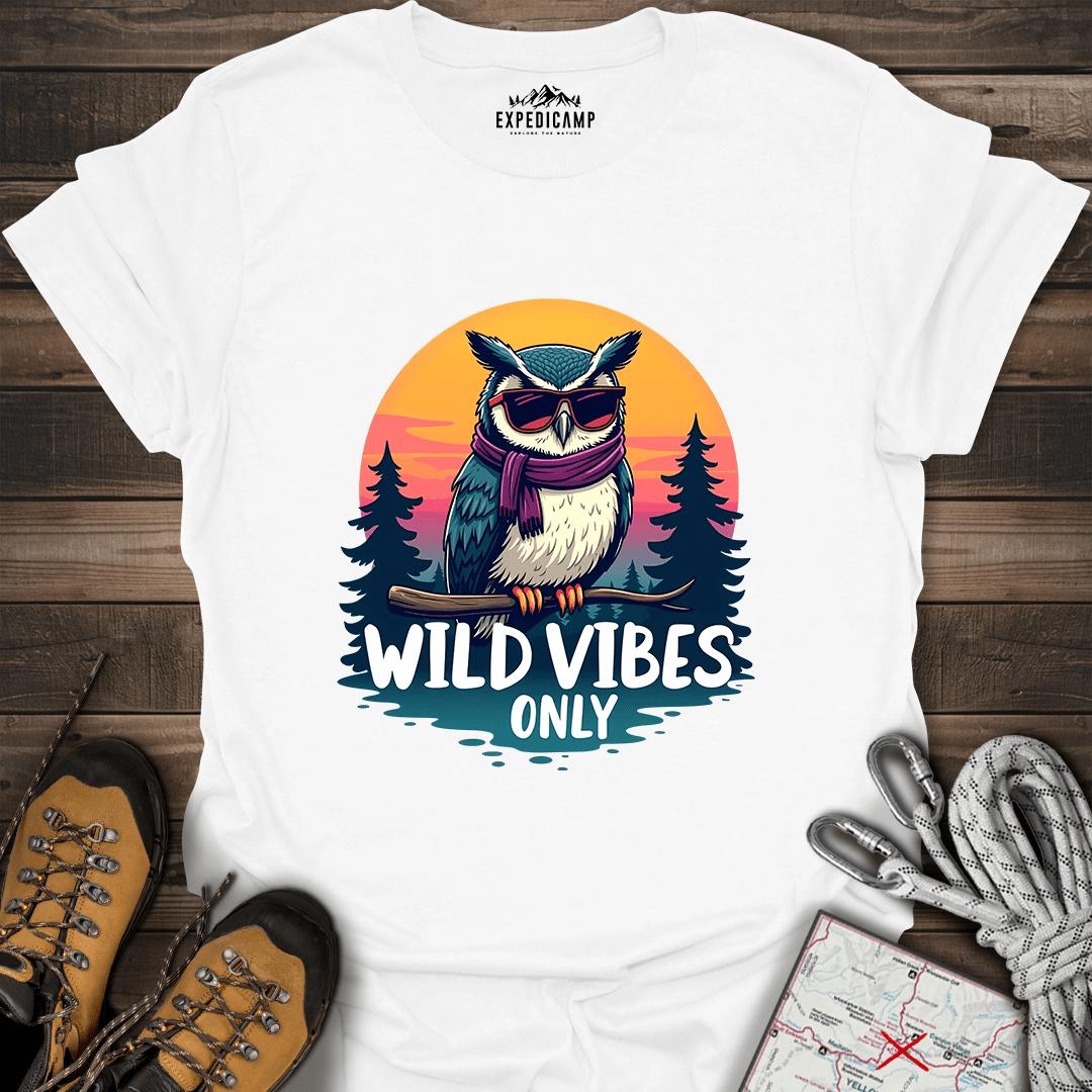 Wild Vibes Only Owl T-Shirt – Fun Adventure & Camping – White – Outdoor apparel for travel, hiking, camping, and nature lovers – ExpediCamp