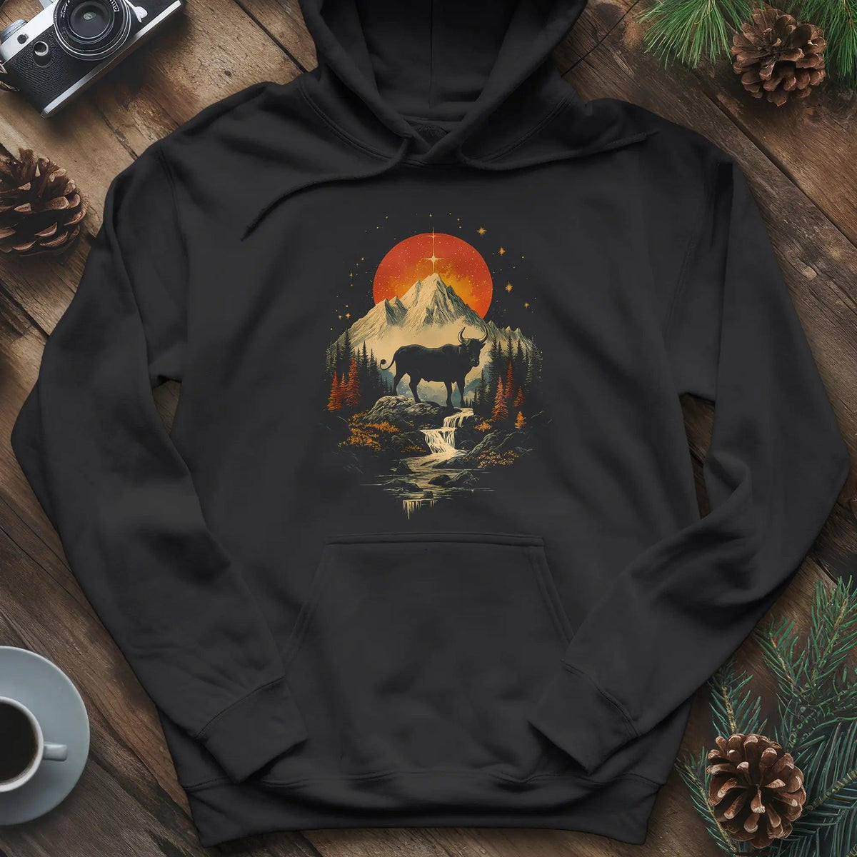 Wilderness Buffalo Sunset Hoodie – Black – Outdoor apparel for travel, hiking, camping, and nature lovers – ExpediCamp