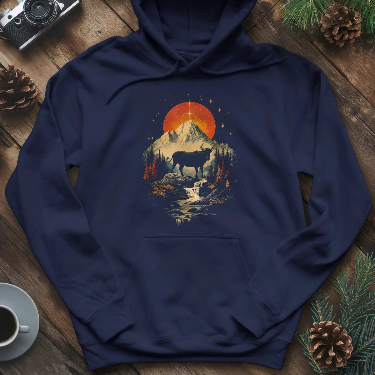 Wilderness Buffalo Sunset Hoodie – Navy – Outdoor apparel for travel, hiking, camping, and nature lovers – ExpediCamp