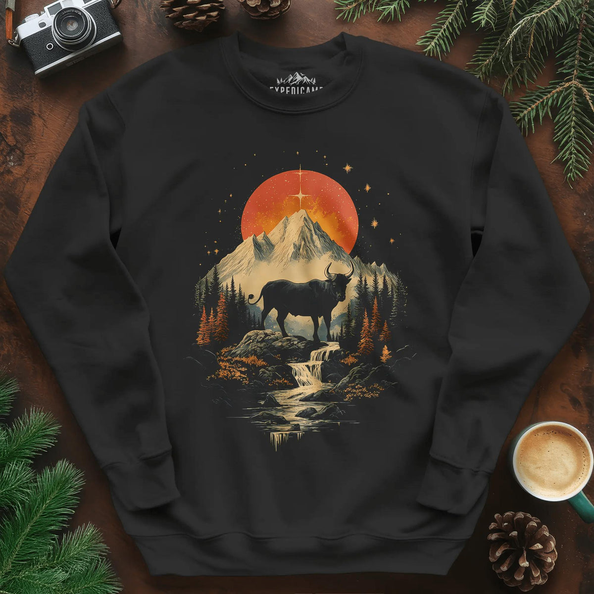 Wilderness Buffalo Sunset Sweatshirt – Black – Outdoor apparel for travel, hiking, camping, and nature lovers – ExpediCamp