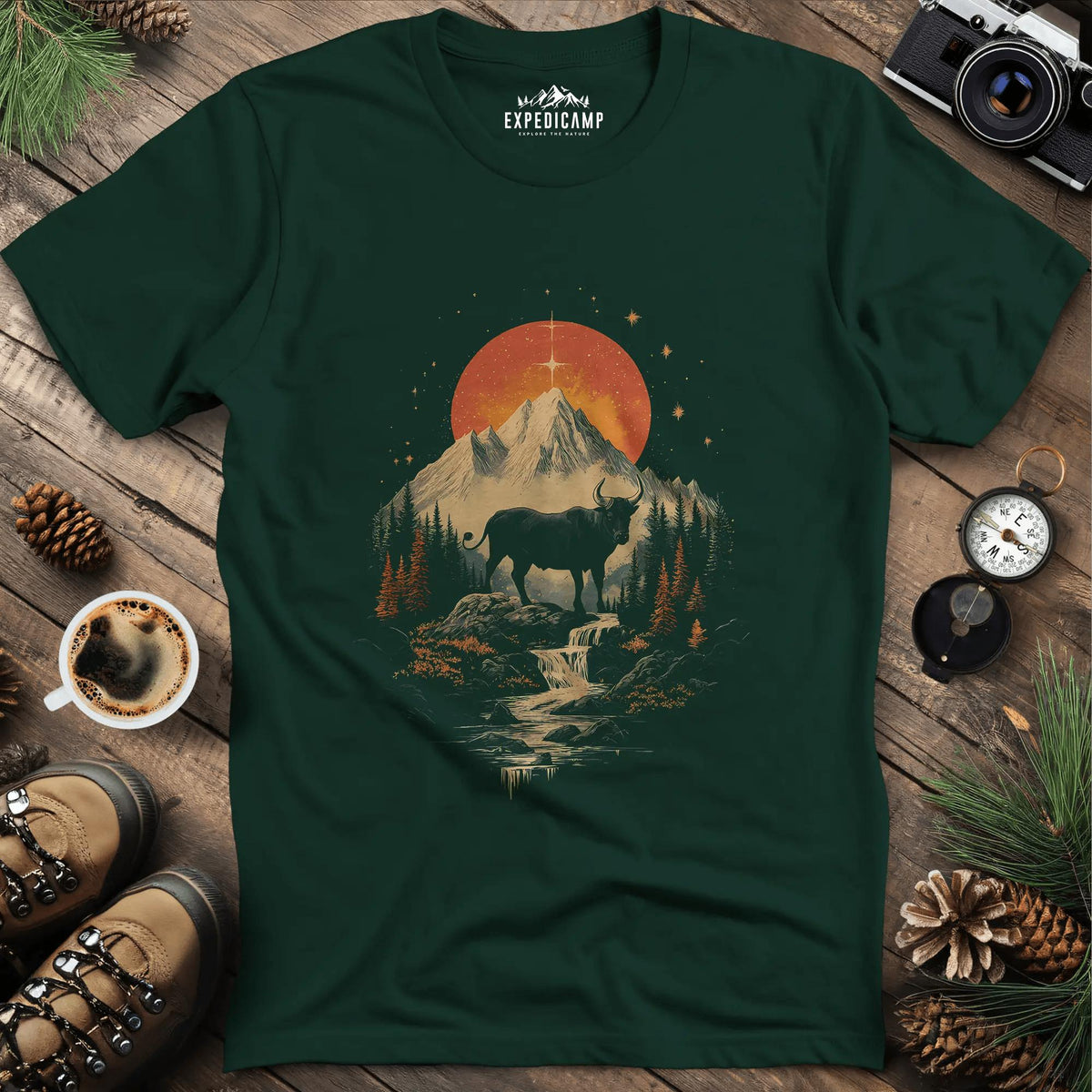 Wilderness Buffalo Sunset T-Shirt – Forest Green – Outdoor apparel for travel, hiking, camping, and nature lovers – ExpediCamp