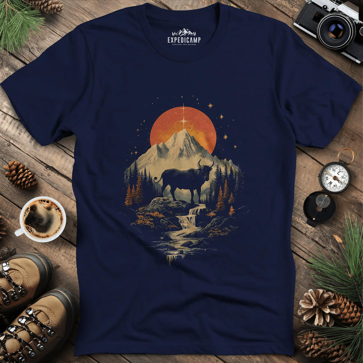 Wilderness Buffalo Sunset T-Shirt – Navy – Outdoor apparel for travel, hiking, camping, and nature lovers – ExpediCamp