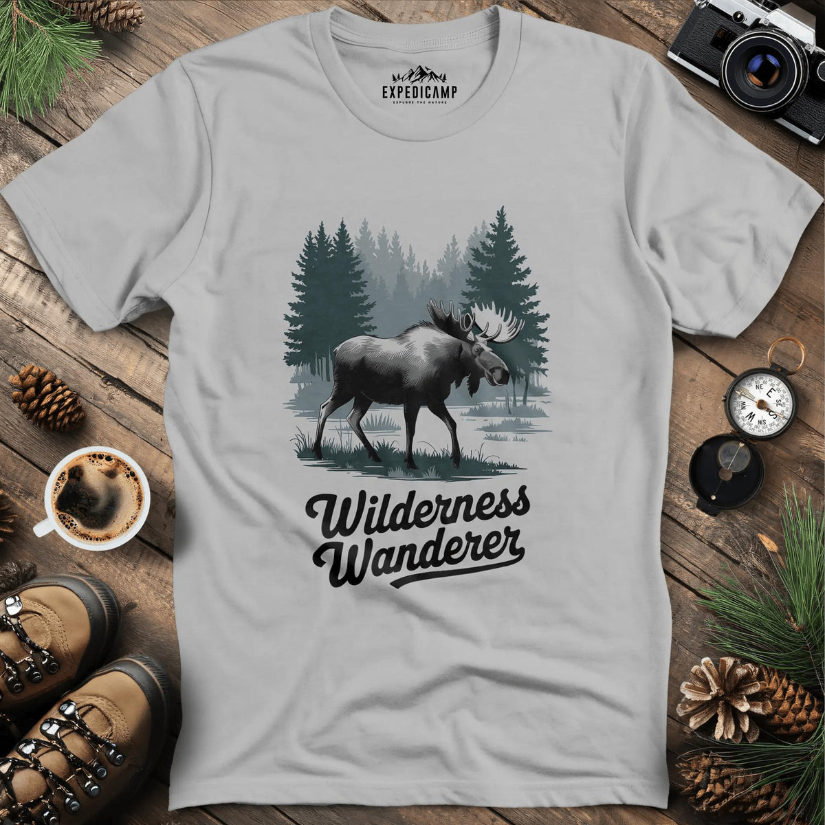 Wilderness Wanderer Moose T-Shirt – Ice Grey – Outdoor apparel for travel, hiking, camping, and nature lovers – ExpediCamp