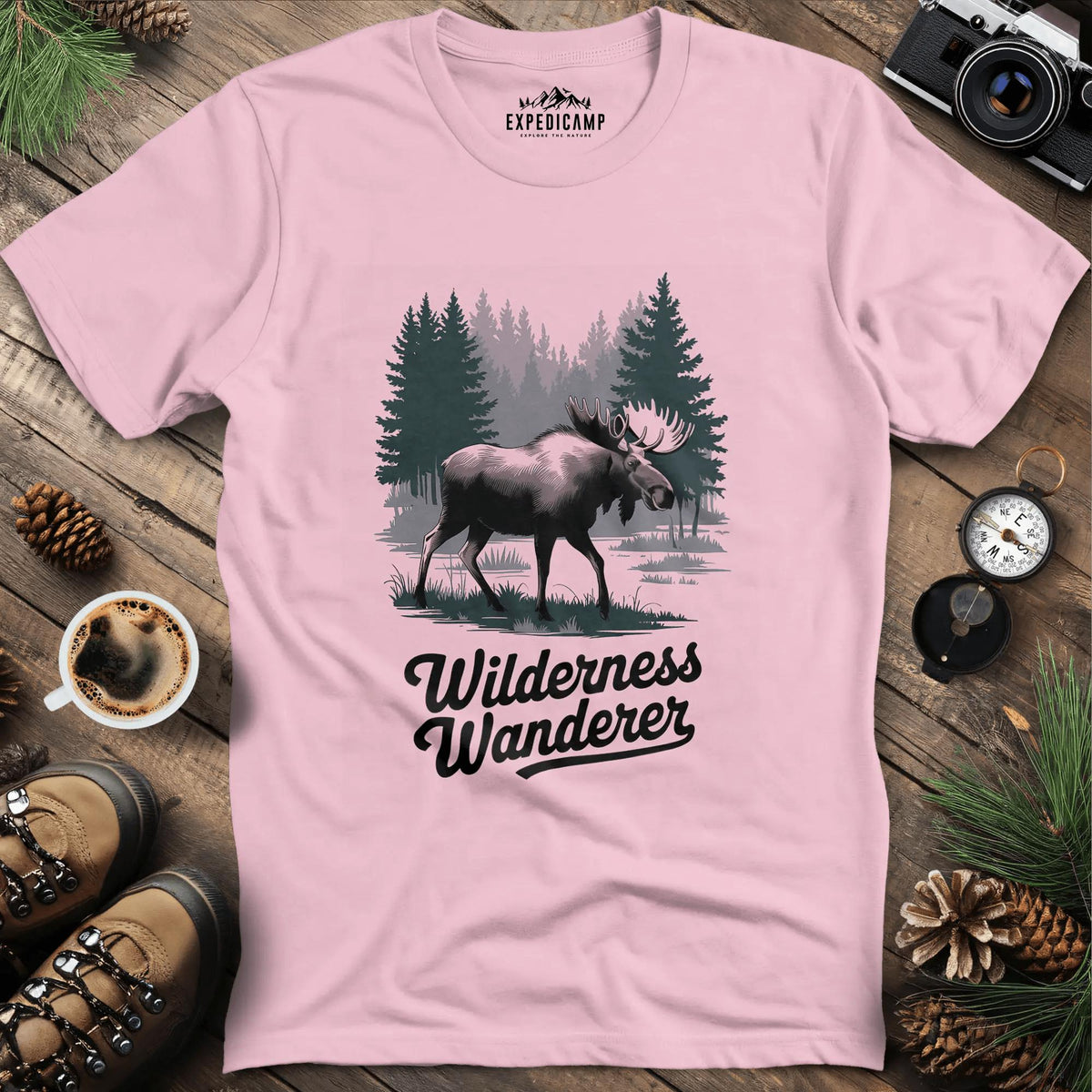 Wilderness Wanderer Moose T-Shirt – Light Pink – Outdoor apparel for travel, hiking, camping, and nature lovers – ExpediCamp