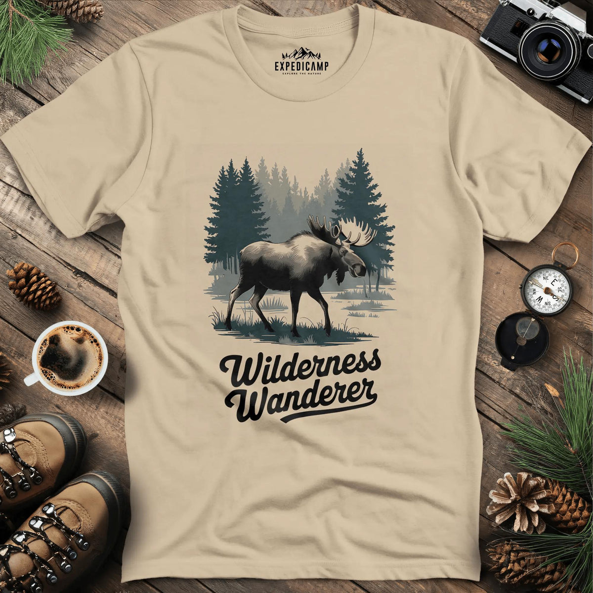 Wilderness Wanderer Moose T-Shirt – Sand – Outdoor apparel for travel, hiking, camping, and nature lovers – ExpediCamp