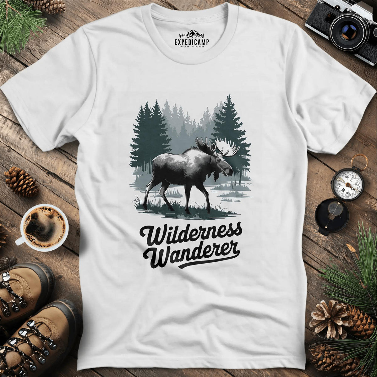 Wilderness Wanderer Moose T-Shirt – White – Outdoor apparel for travel, hiking, camping, and nature lovers – ExpediCamp