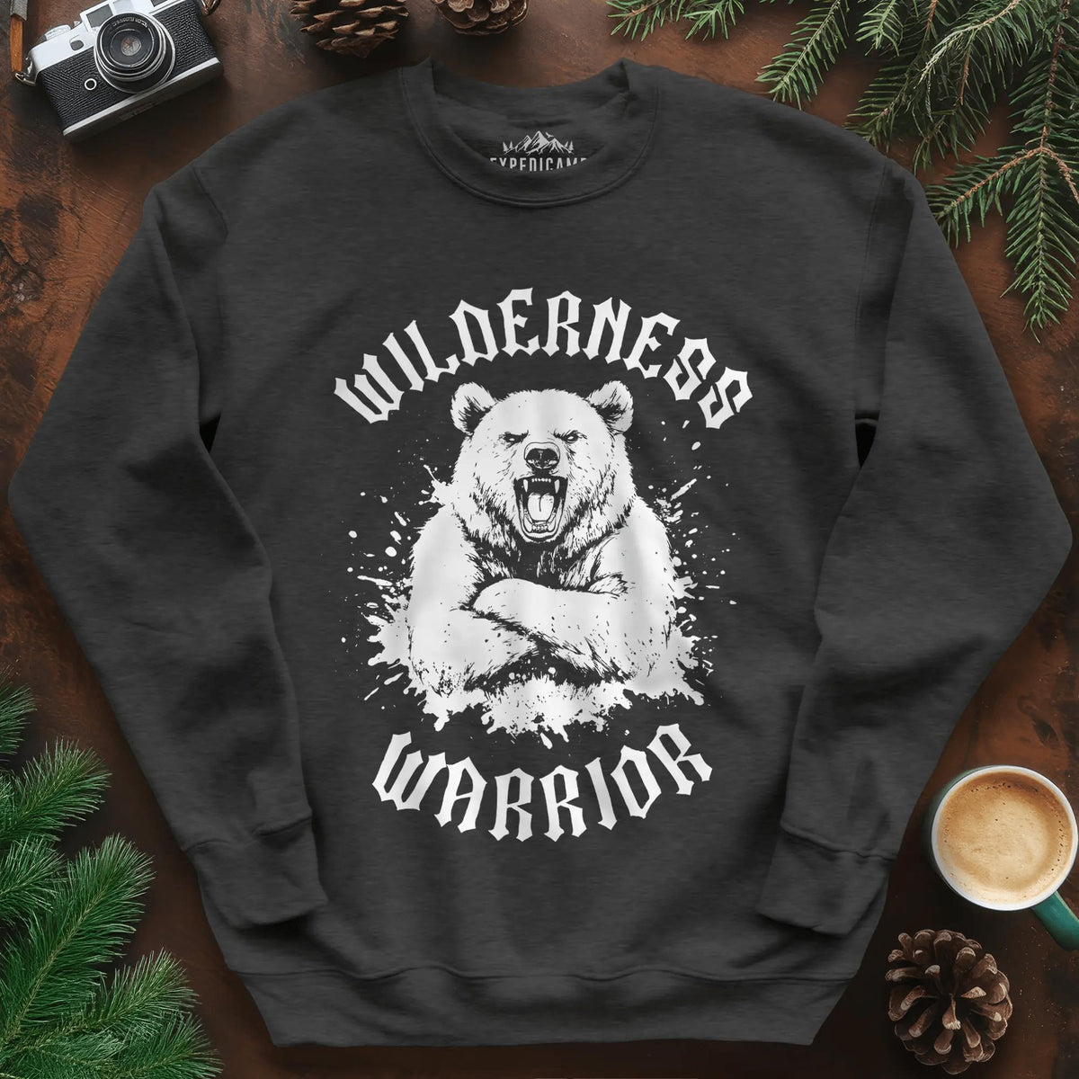 Wilderness Warrior Sweatshirt – Dark Heather – Outdoor apparel for travel, hiking, camping, and nature lovers – ExpediCamp
