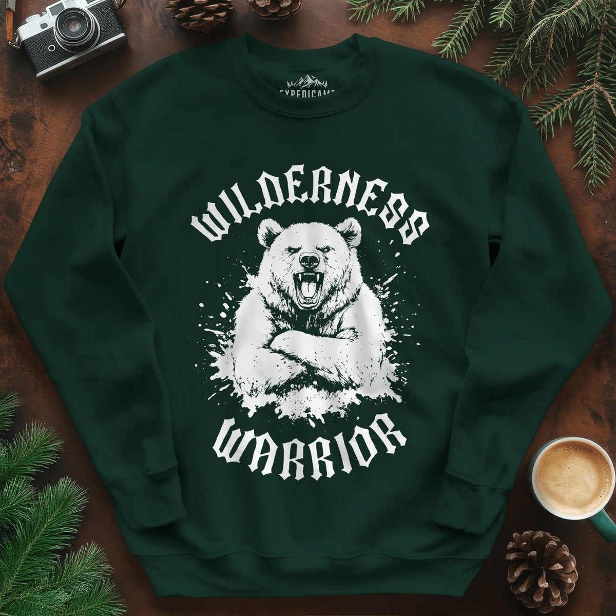 Wilderness Warrior Sweatshirt – Forest Green – Outdoor apparel for travel, hiking, camping, and nature lovers – ExpediCamp