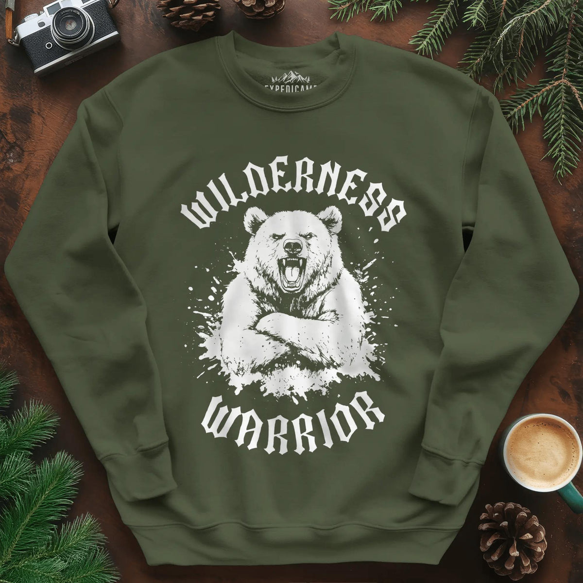Wilderness Warrior Sweatshirt – Military Green – Outdoor apparel for travel, hiking, camping, and nature lovers – ExpediCamp