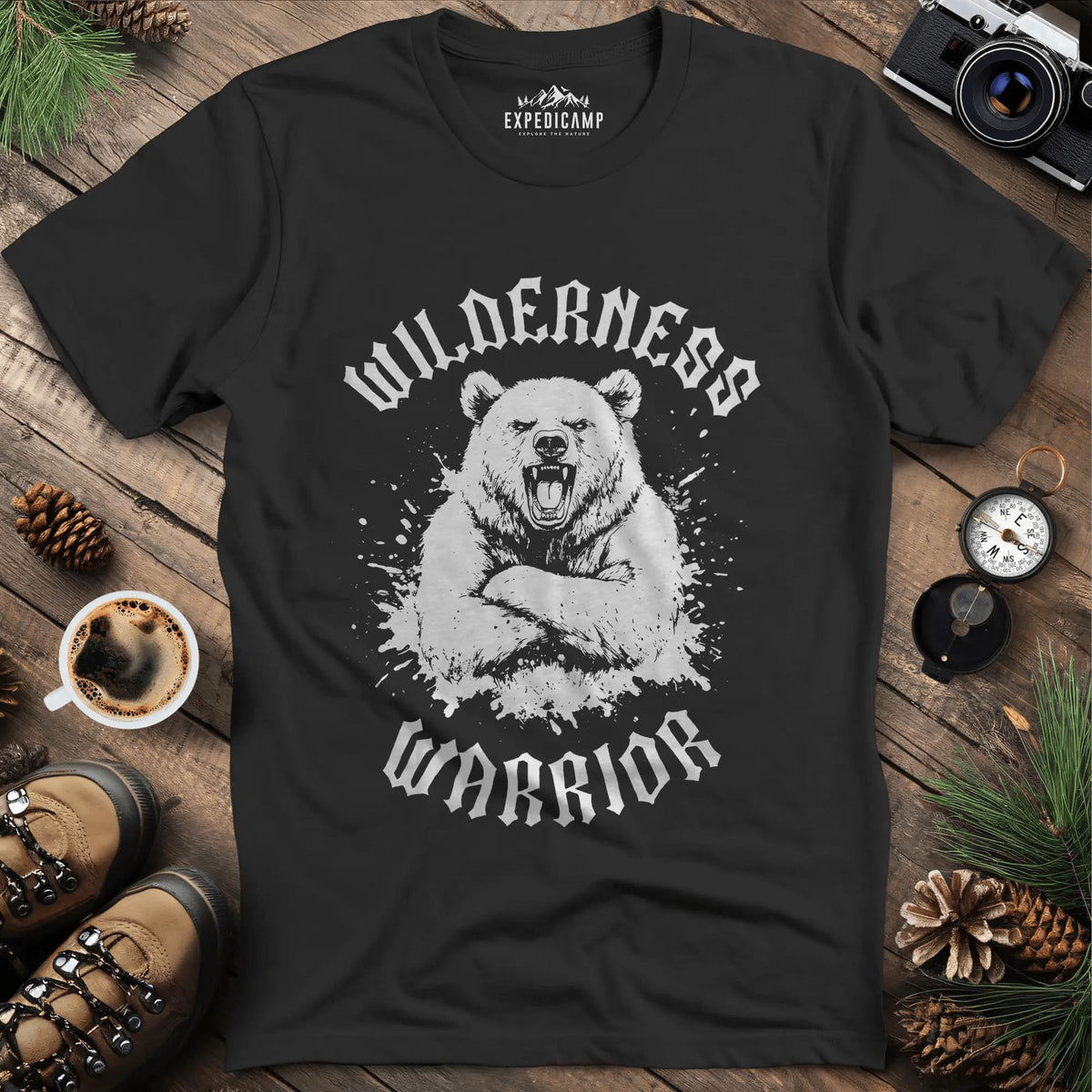 Wilderness Warrior T-Shirt – Black – Outdoor apparel for travel, hiking, camping, and nature lovers – ExpediCamp
