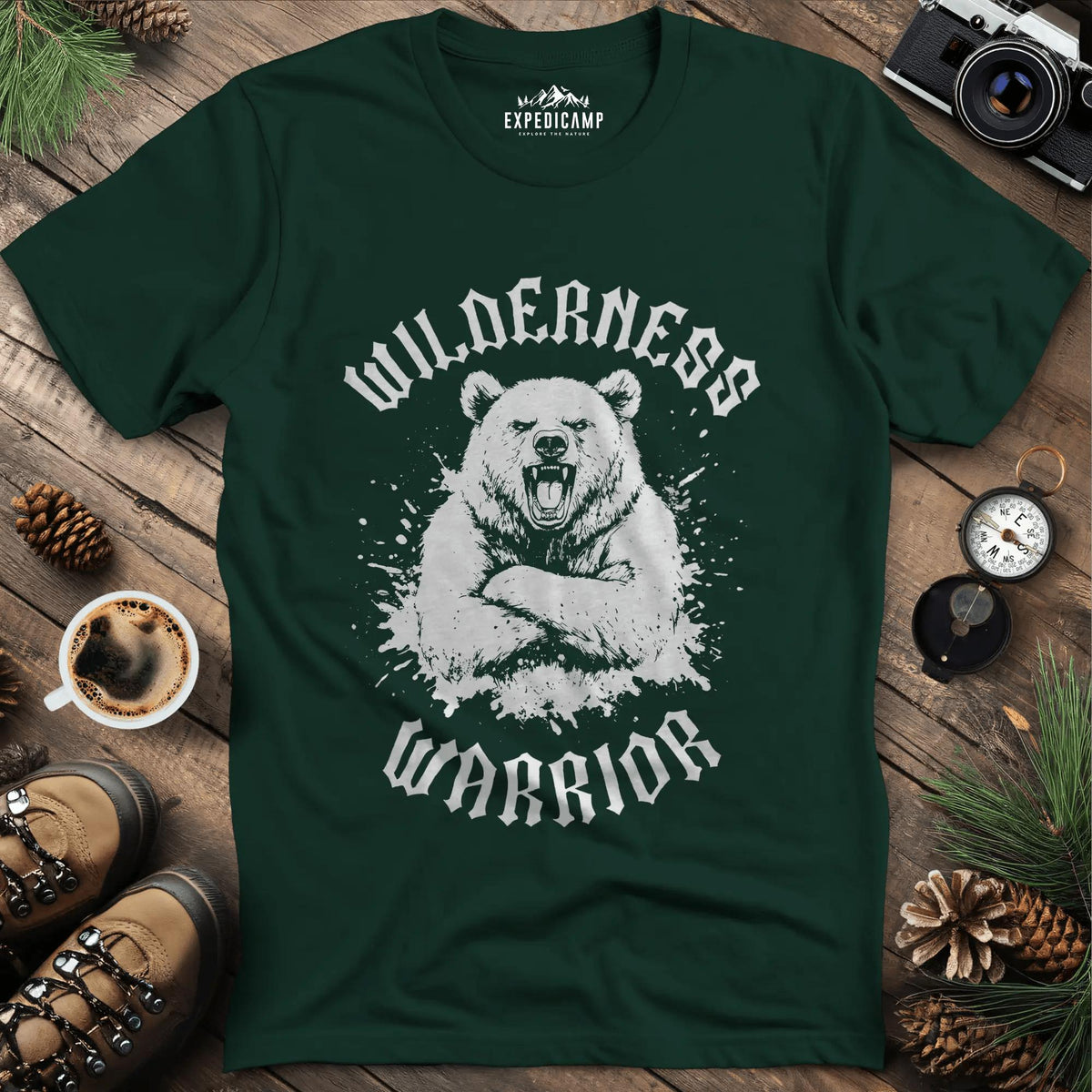 Wilderness Warrior T-Shirt – Forest Green – Outdoor apparel for travel, hiking, camping, and nature lovers – ExpediCamp