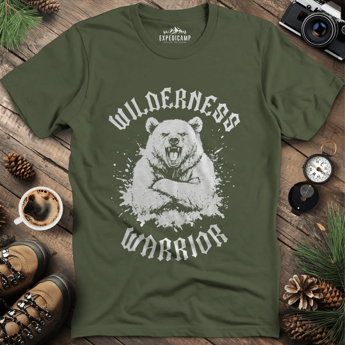 Wilderness Warrior T-Shirt – Military Green – Outdoor apparel for travel, hiking, camping, and nature lovers – ExpediCamp