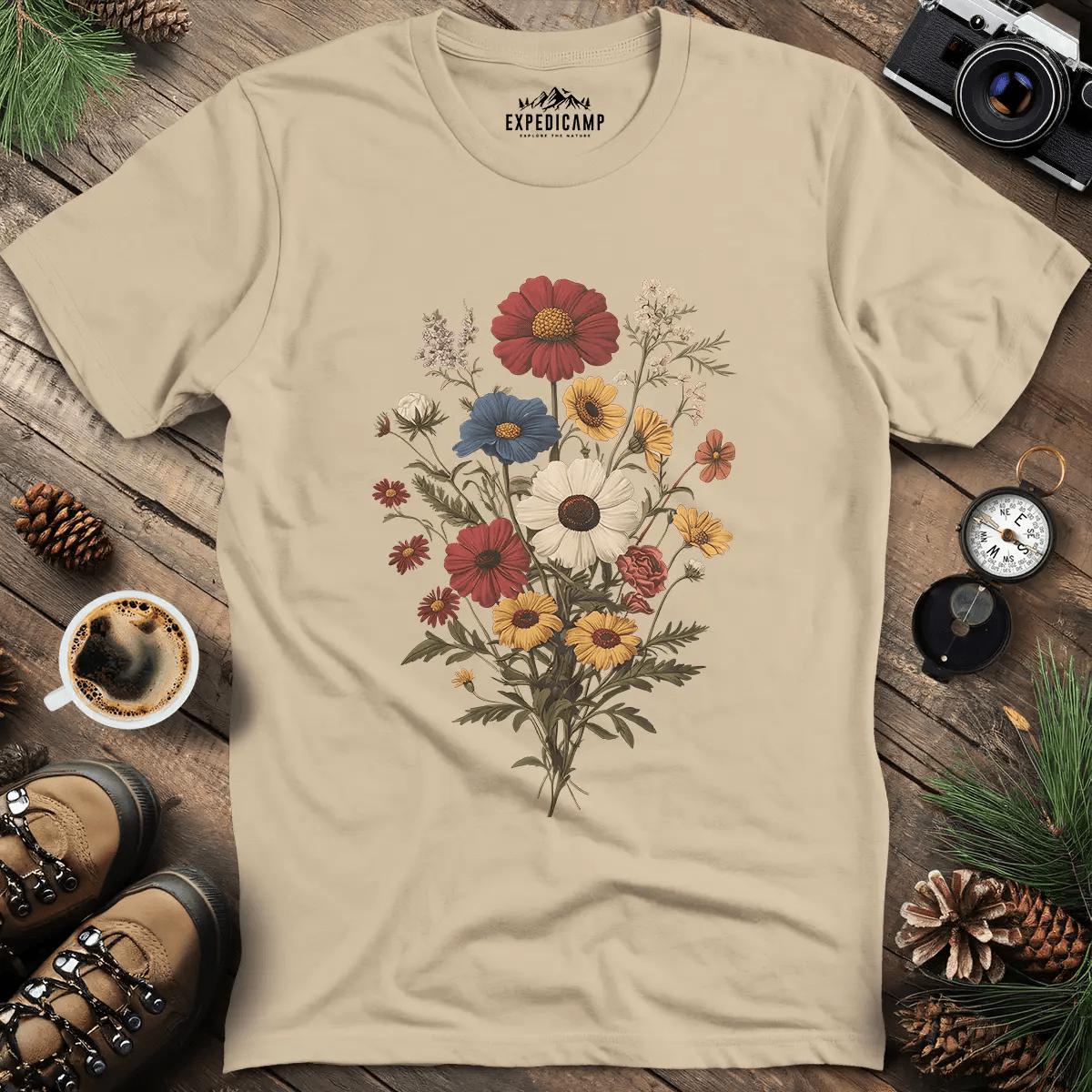 Wildflower Bouquet T-Shirt – Sand – Outdoor apparel for travel, hiking, camping, and nature lovers – ExpediCamp