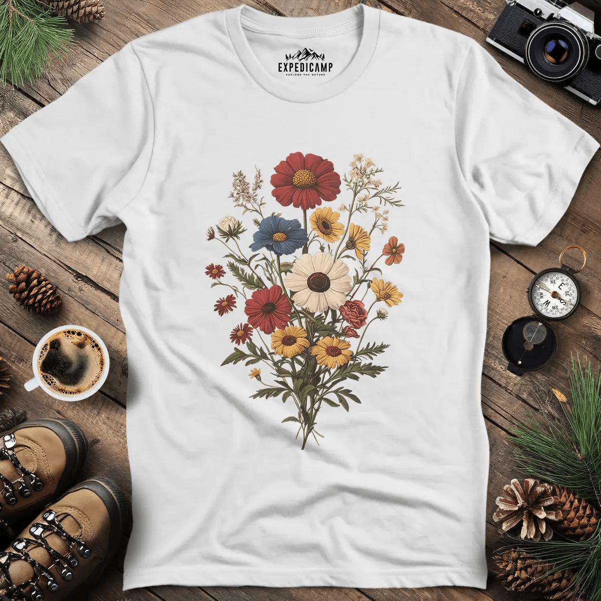 Wildflower Bouquet T-Shirt – White – Outdoor apparel for travel, hiking, camping, and nature lovers – ExpediCamp