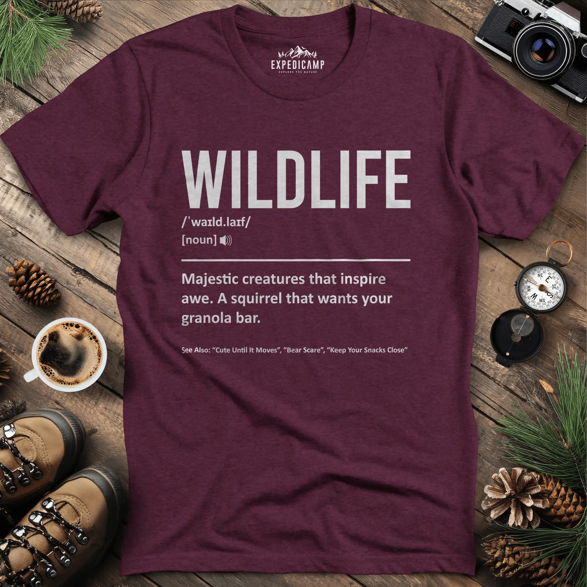 Wildlife Definition T-Shirt – Heather Maroon – Outdoor apparel for travel, hiking, camping, and nature lovers – ExpediCamp