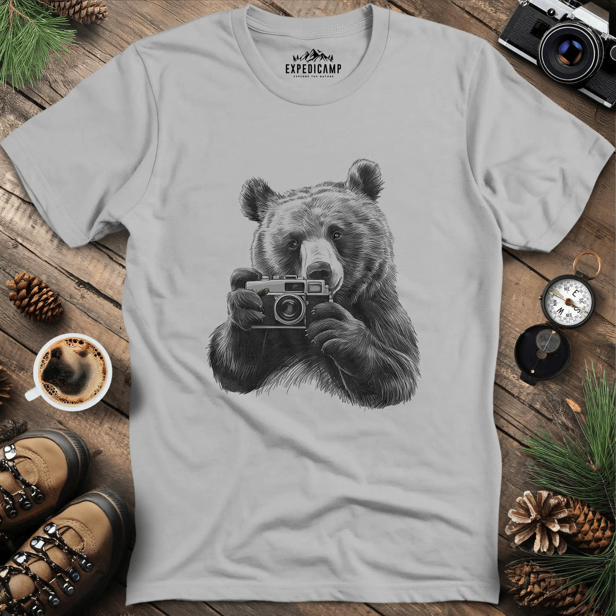 Wildlife Photographer Bear T-Shirt – Ice Grey – Outdoor apparel for travel, hiking, camping, and nature lovers – ExpediCamp